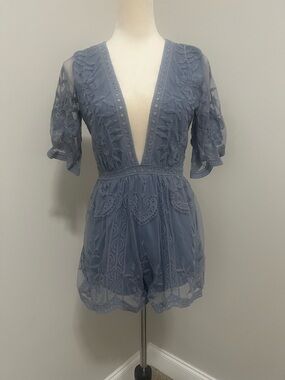 Impeccable pig Blue Embroidered Lace Romper with Deep V